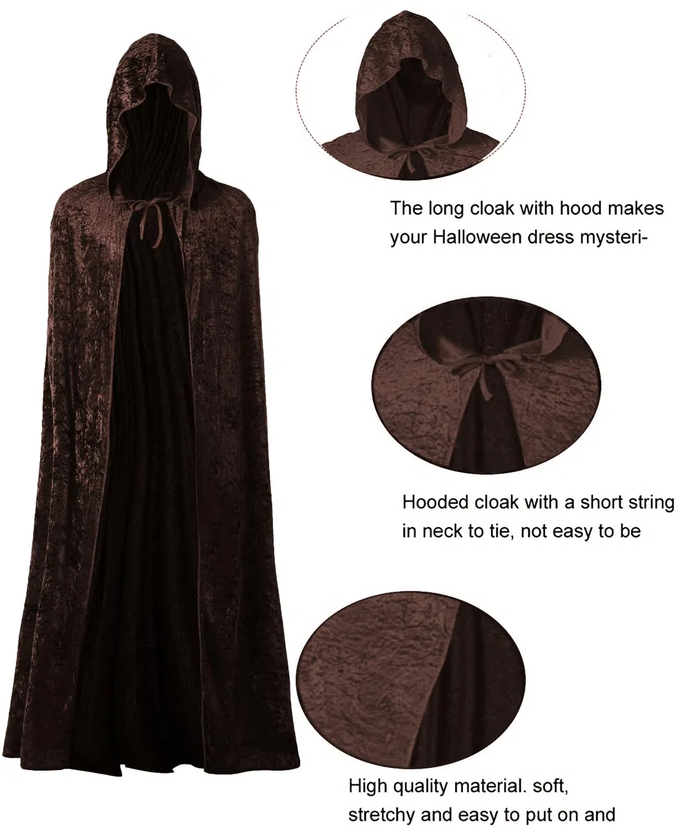 Carnavalife, mantello con cappuccio in velluto lungo medievale, costumi da strega, principessa vampiro, festa di carnevale di Halloween, rosso o nero, per uomini, donne, ragazzi, ragazze, taglie 90 cm o 140 cm ...
