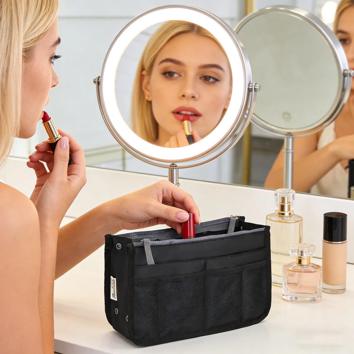 YUEMING Organizer Borsa, Donna Organizzatore Viaggio Borse, Borsa con 13 Tasche Espandibile con Chiusura a Cerniera per Doppio Manico Porta Accessori Cosmetici, Telefono, Trucco