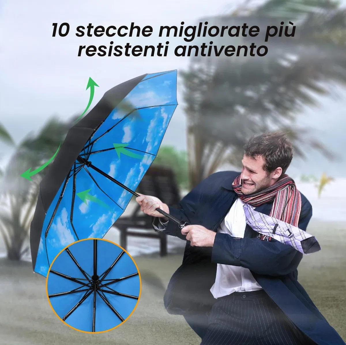TechRise Ombrello Pieghevole, Ombrello Automatico Antivento Compatto e Forte con 10 Stecche, Apertura e Chiusura con un Solo Pulsante, Ombrello da Viaggio Portatile Leggero per Uomini e Donne