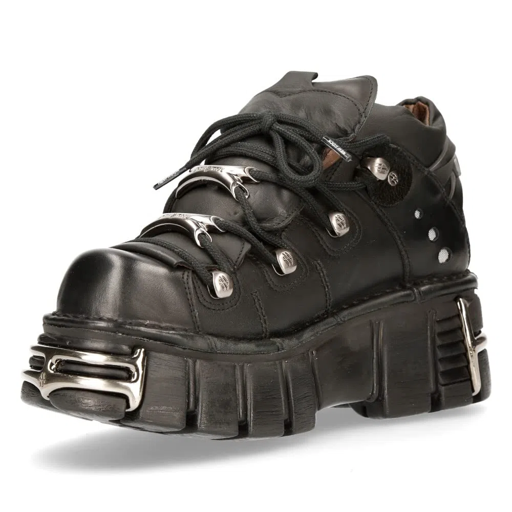 New Rock Botín Piel Negro Mujer Zapato Plataforma ICONIC 106 Black Woman Ankle Leather Shoes Boots M.106N-S16