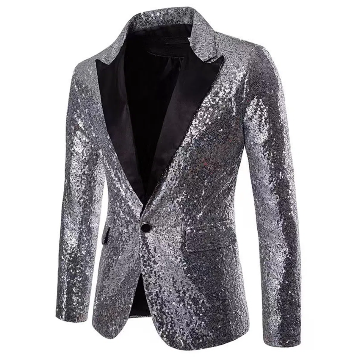 Set completo da uomo con paillettes giacca metallizzata 2 pezzi anni '80 outfit blazer e pantaloni lunghi lucidi smoking con paillettes Giacche Set con un bottone per lo sposo