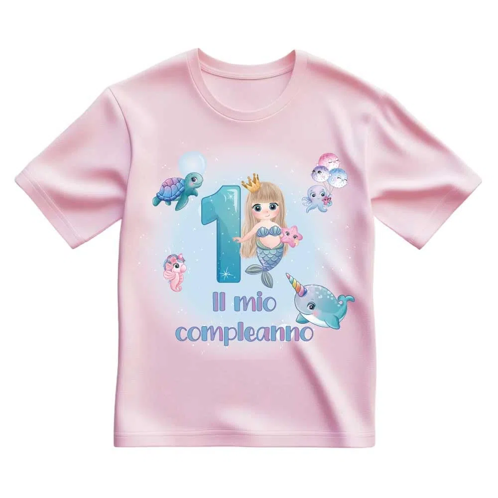 T-shirt in cotone adatto al compleanno 1 anno con tema sirena (Rosa, 1/2 anni)
