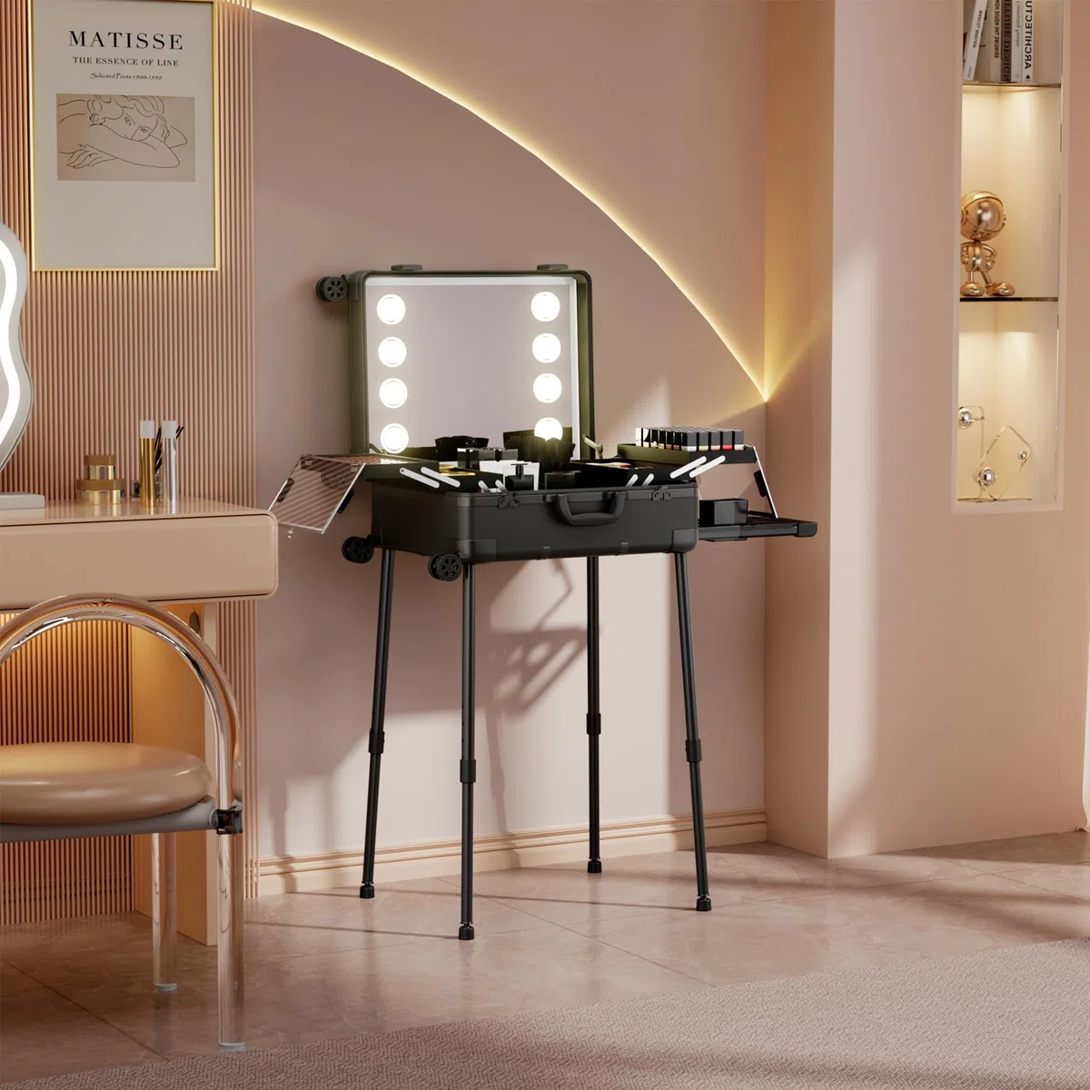 Valigetta Trucco con Rotelle in Alluminio, Grande Specchio con Illuminazione a LED, Organizzazione Cosmetici con Serratura a Combinazione, Stazione Trucco Pieghevole per Studio e Viaggio, Nera
