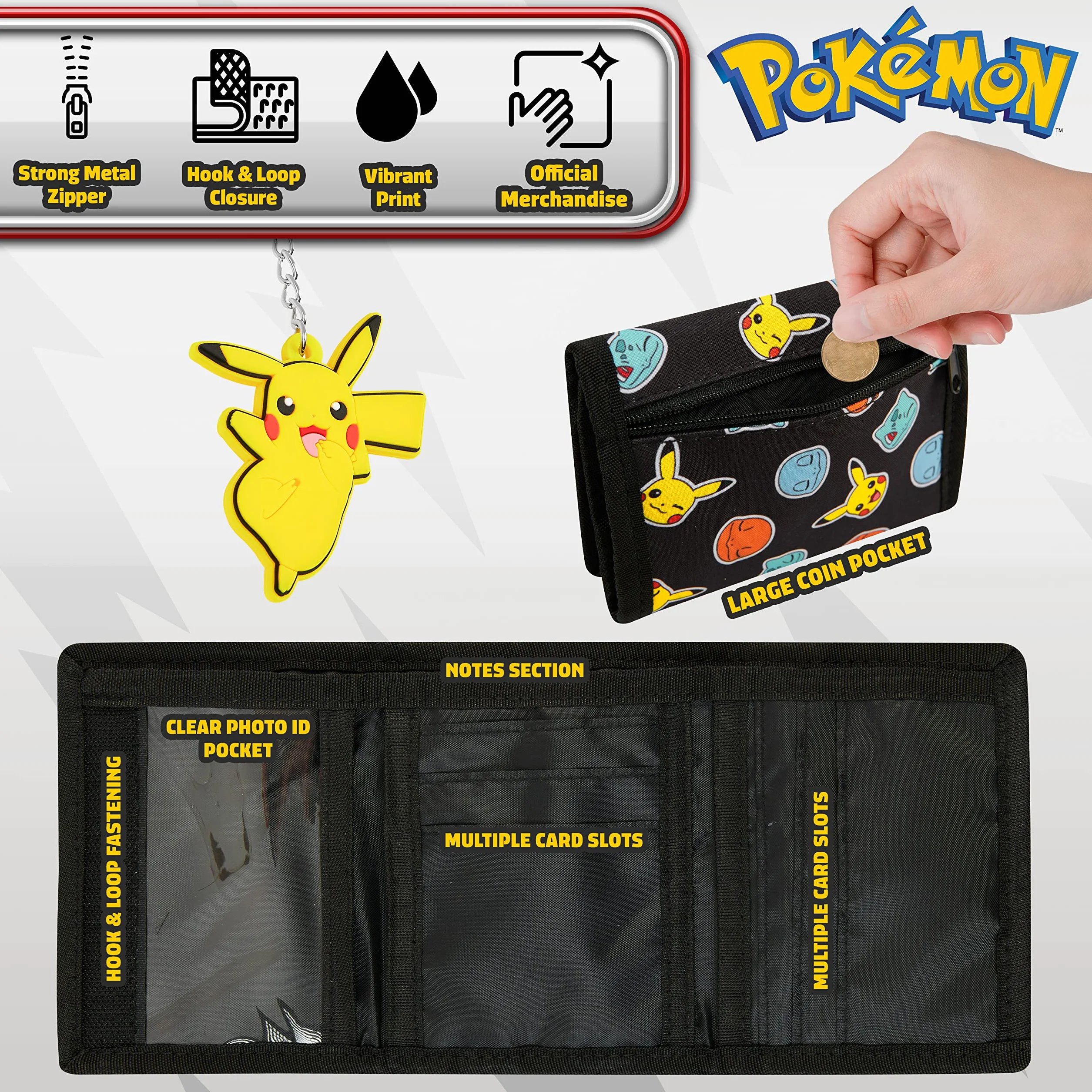 Pokémon Portafoglio Bambino Pikachu Portafogli Ragazzo Trifold con Porta Carta D'identità Portamonete Bambino e Anello Portachiavi Divertenti (Nero/Giallo)