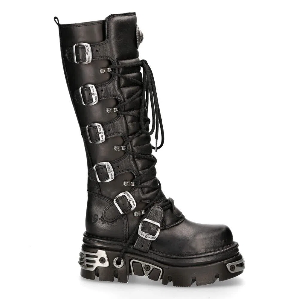 New Rock Stivali Alti fino alle Ginocchia 272-S1 in Pelle Nera Metallizzata con Chiusura con Lacci e Fibbia Stile Emo Gotico