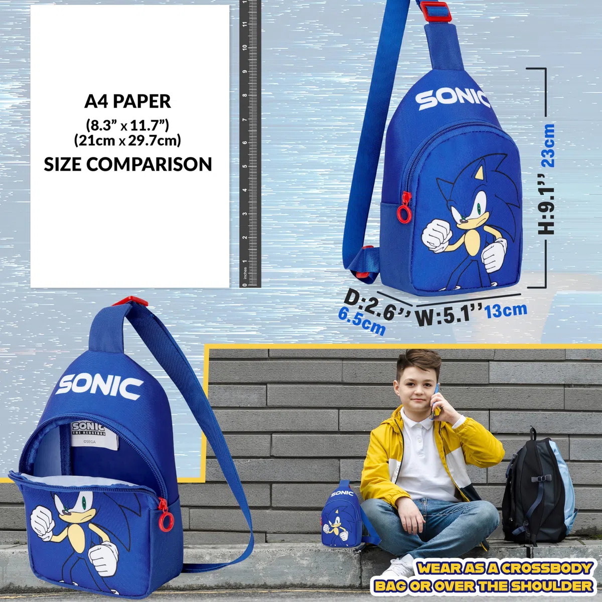 Get Trend SONIC THE HEDGEHOG Borsa Tracolla Bambino, Scomparto con Cerniera e Tracolla Regolabile, Idea Regalo per Gamer