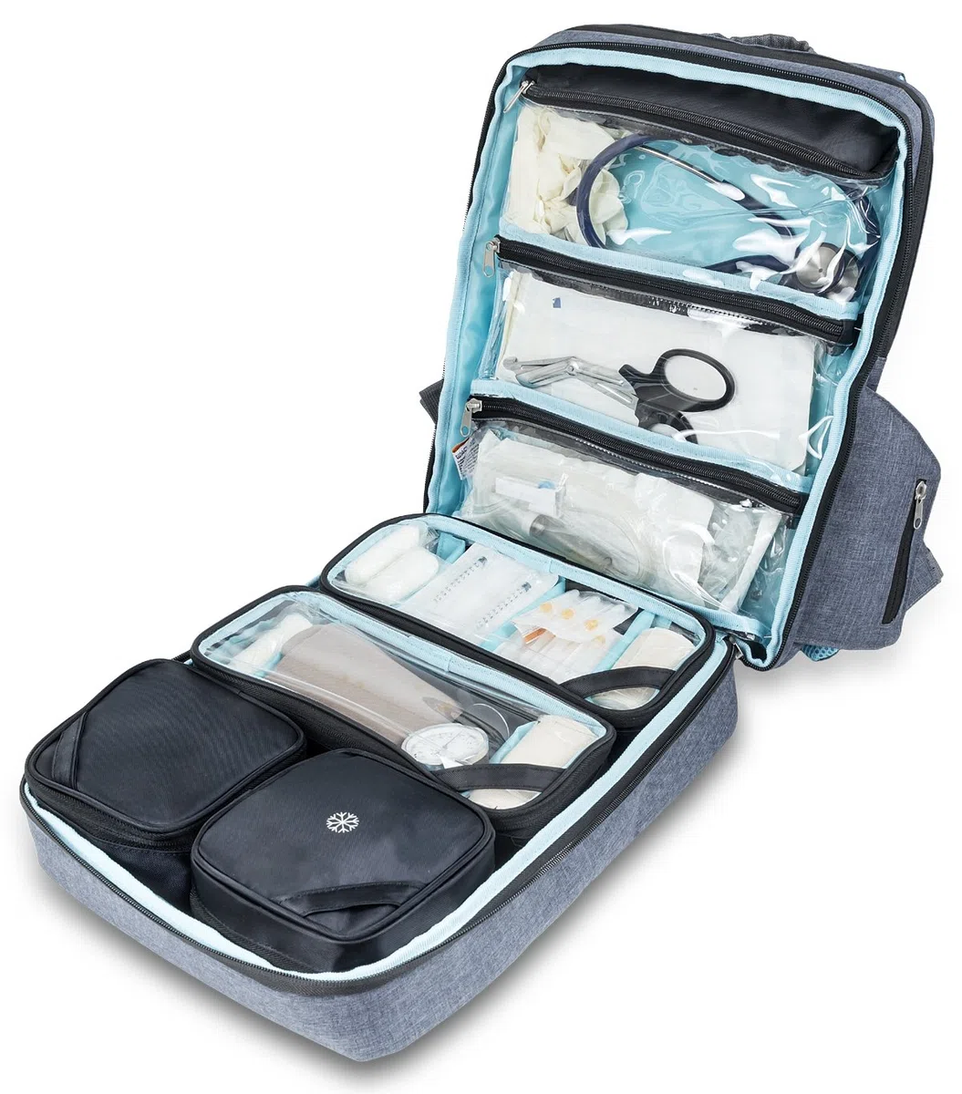ELITE BAGS, Zaino Emergenza, City's, 40 x 28 x 14 cm, Idrorepellente, Base antiscivolo, Borsa pronto soccorso vuota, Zaino per traumi, Kit di emergenza medica, Biotono, Grigio e blu