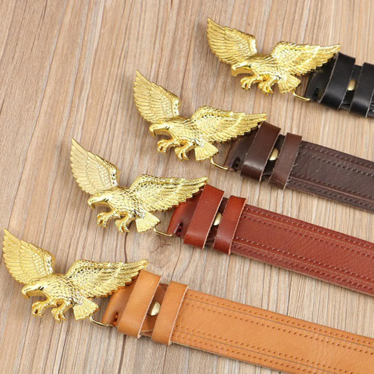 Donna Uomo Cintura A Scatto in Pelle con Incisione Dell'aquila Volante d'oro,Fibbia Occidentale Cinture da Cowboy Cowgirl Country(120cm/47, Reddish Brown)