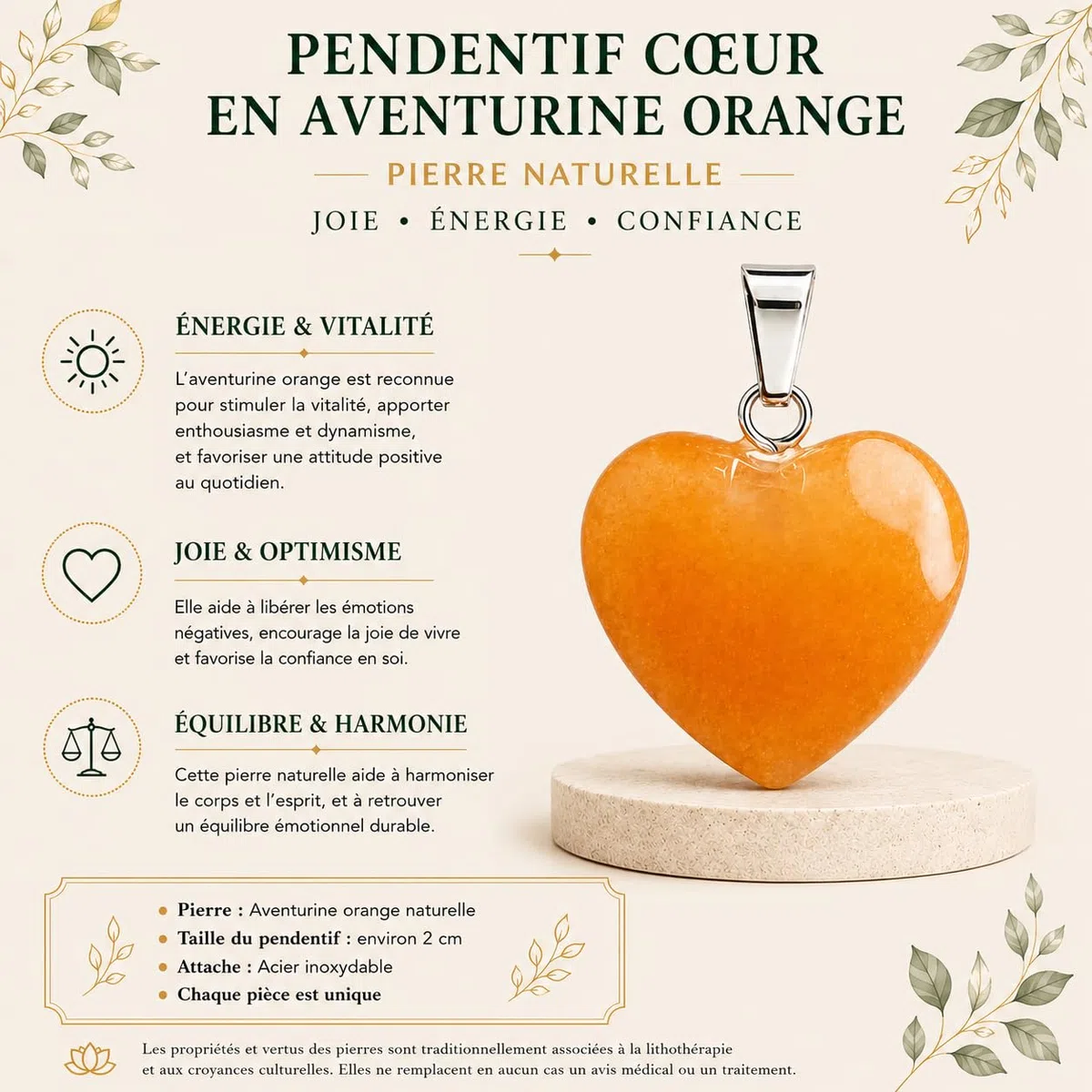 Ciondolo a forma di cuore in avventurina arancione naturale – pietra fine lucidata – gioiello da donna in pietra naturale – ciondolo portafortuna energia positiva – regalo benessere – senza