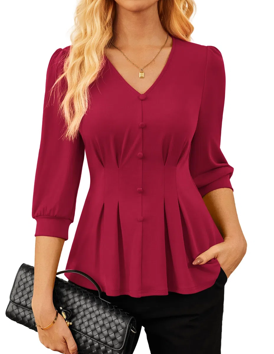 GRACE KARIN Maglietta da Donna Elegante Autunnale con Scollo a V Casual Elasticizzata con Pieghe e Maniche a Lanterna.