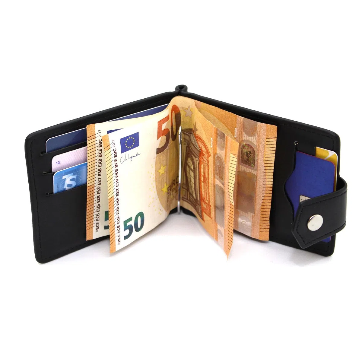Portafoglio uomo slim sottile in ecopelle con clip molla fermasoldi porta carte porta tessere portamonete Bifold ferma soldi nero idea regalo (Nero)