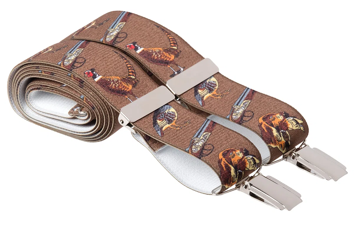 Bretelle per pantaloni da campagna, larghezza 35 mm, elastiche, 4 clip oro o argento, design e dimensioni assortite, per pesca, cervi, caccia, fagiani a tema