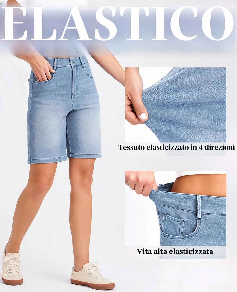 LaiEr Pantaloncini Bermuda da Donna in Denim a Vita Alta Pantaloncini in Jeans Elasticizzati Larghi con Cerniera e Bottone,Lunghezza al Ginocchio,Ideali per Look Sportivi Casual,Fitness,Yoga