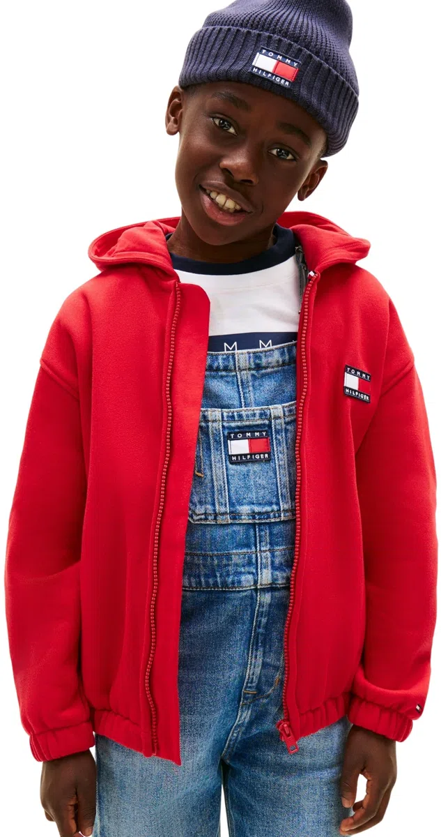 Tommy Hilfiger Bambini Unisex Felpa con Cappuccio e Zip Heritage Flag Terry e Logo sul Dorso, Rosso (Primary Red), 86