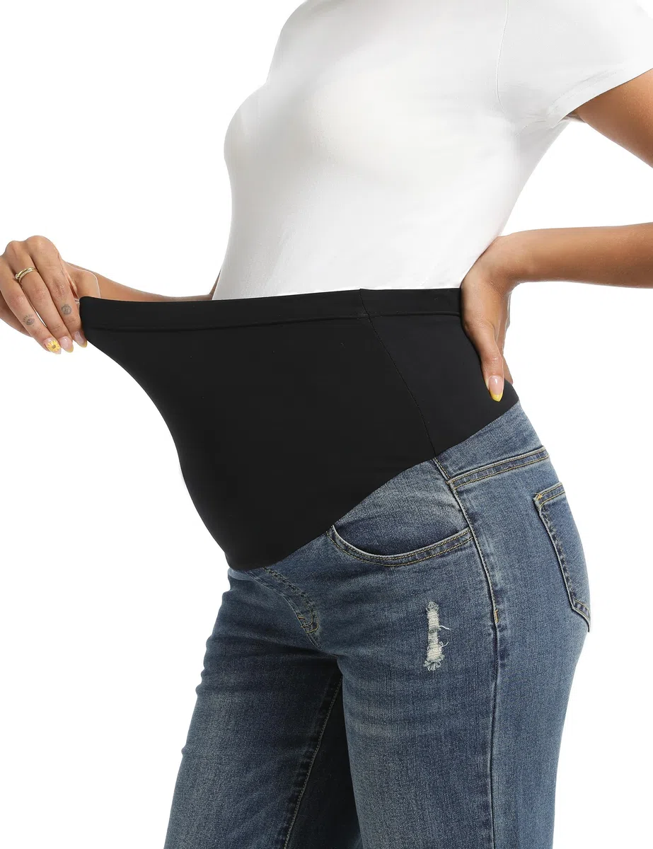 Jeans premaman da donna sopra la pancia, gamba dritta, orlo grezzo, jeans premaman con tasche