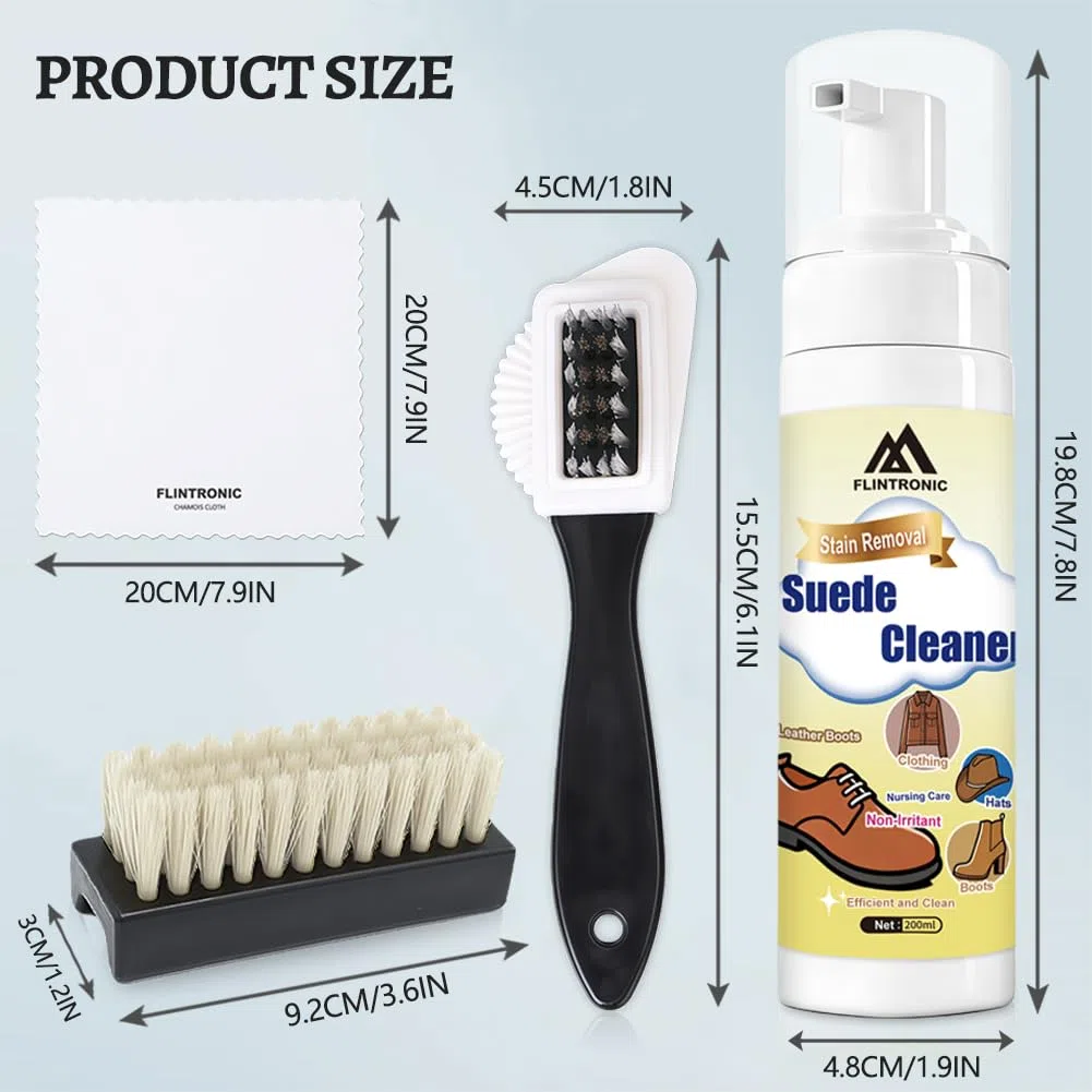 flintronic Set di 4 Kit Pulizia Scarpe, con 200ml Soluzione Detergente, Spazzola per Scarpe Scamosciate, Spazzola Morbida per e Panno