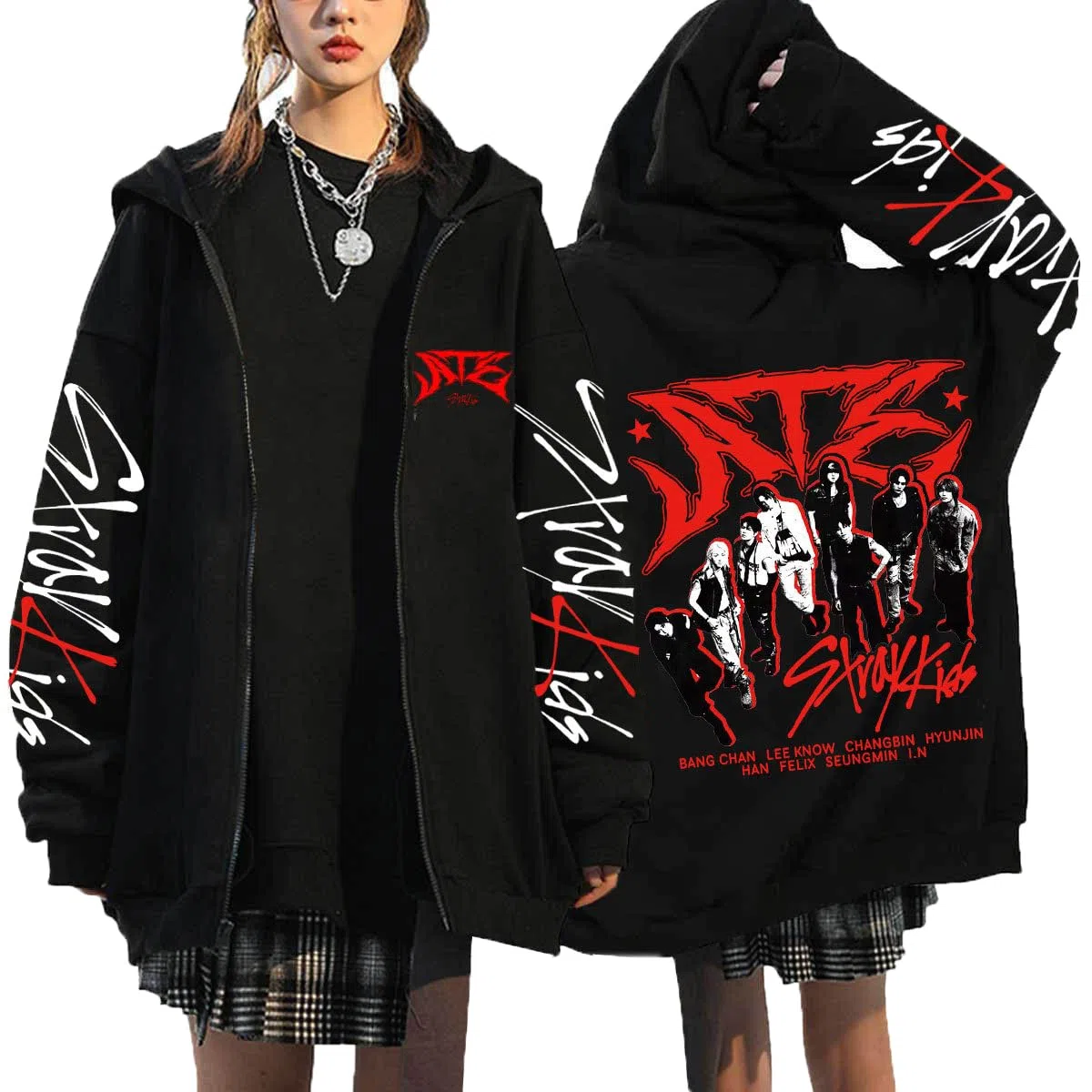 Felpa con cappuccio Stray Kids ATE Y2K E-girl, con cerniera, casual, streetwear, a maniche lunghe, Harajuku