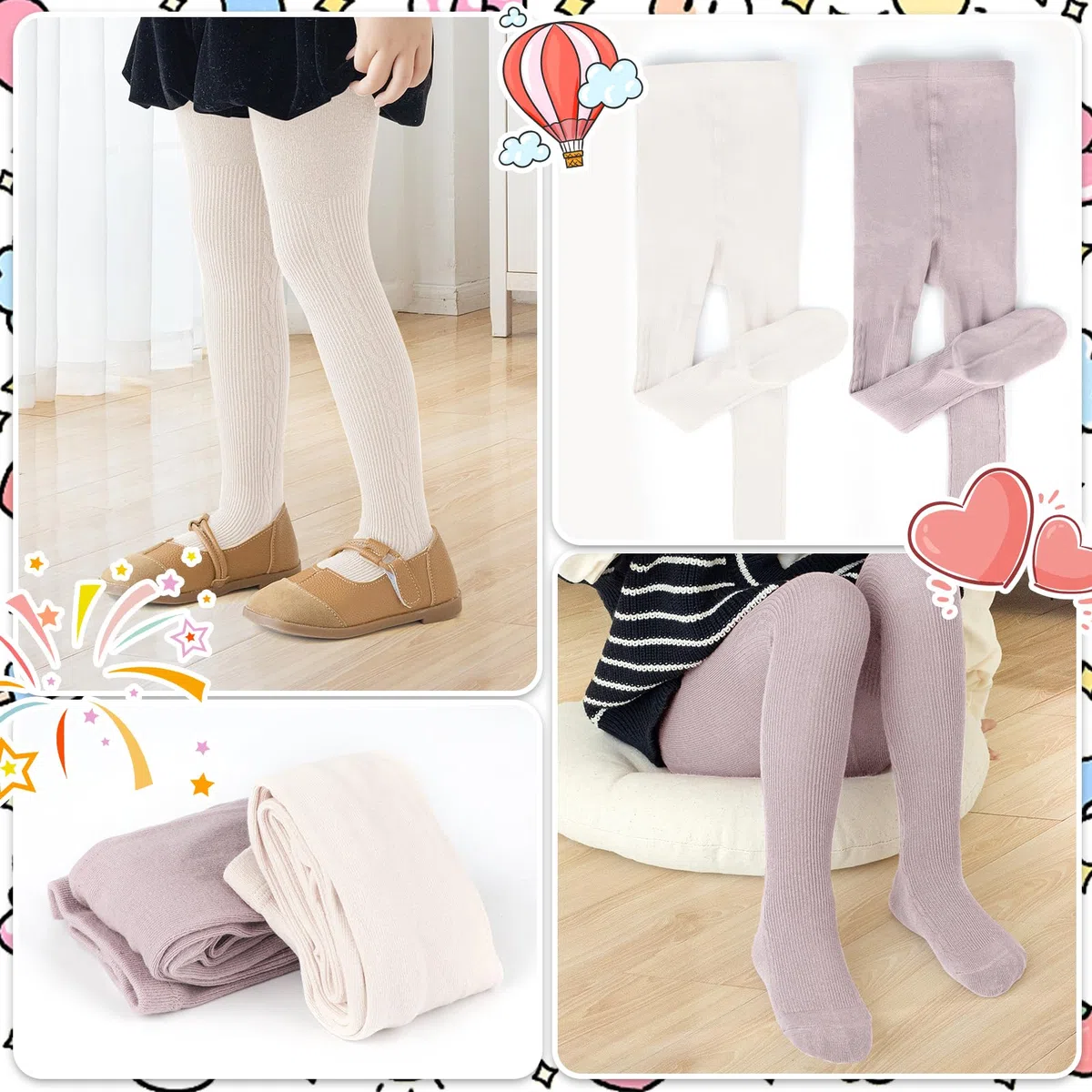 QKURT Collant Caldi per Bambine, 2 Pacchetti di Collant a Maglia per Bambini in Uniforme Scolastica, Calze di Cotone per Bambine 1-10 Anni