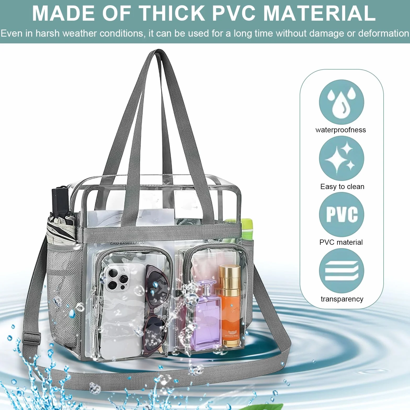 Borsa Trasparente per Lavoro Borsa Grande Trasparente PVC Clear Tote Bag Borse a Tracolla Trasparent Approvata Clear Bag per Giochi Sportivi e Concerti (30 x 30 x 15 cm)