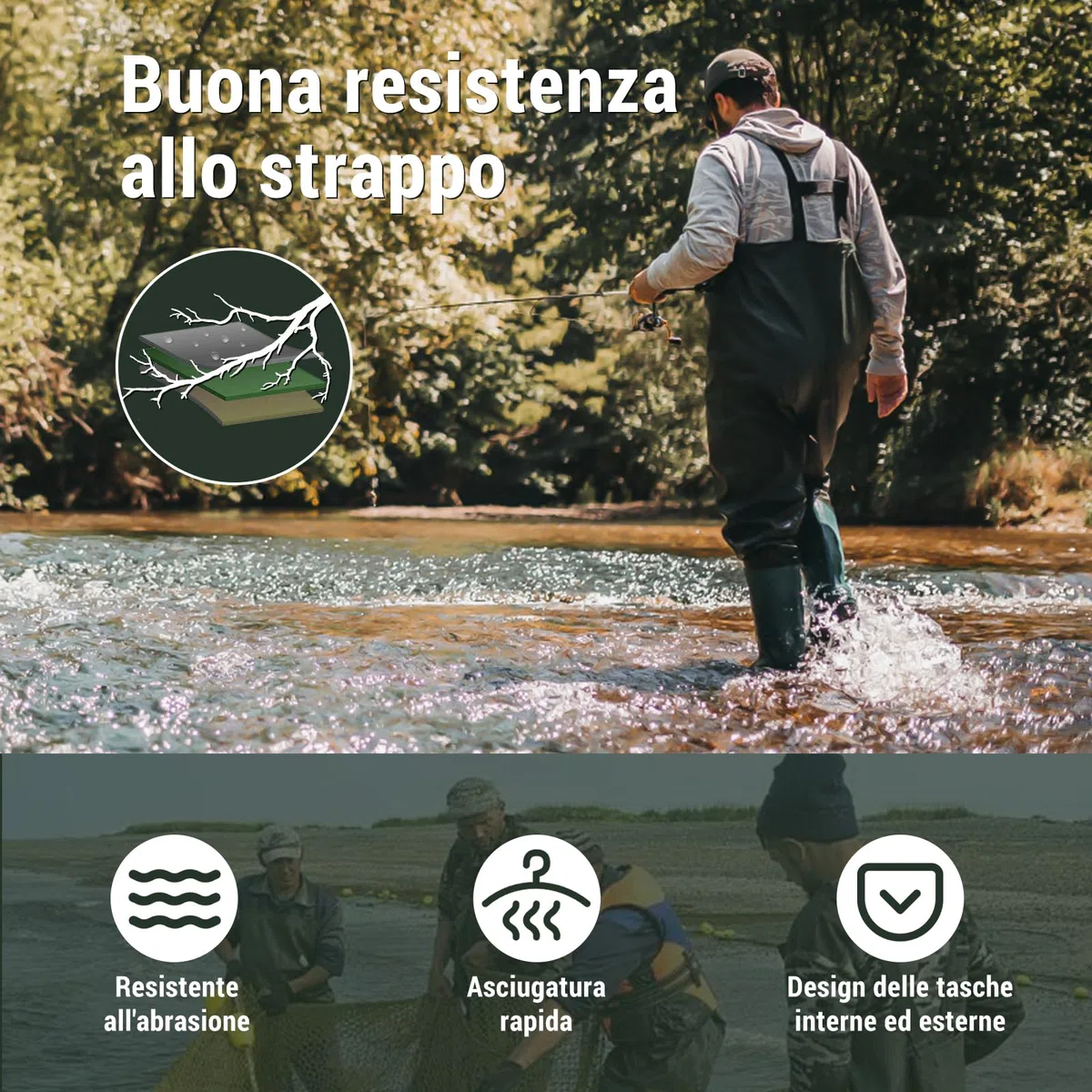 IEEILULU Waders Pesca da Uomo, Waders da Uomo con Stivali da Pesca 40-47, Waders Trampolieri da Pesca Nylon Pantaloni Impermeabili Antiscivolo Regalo per Amanti Pesca Sportiva