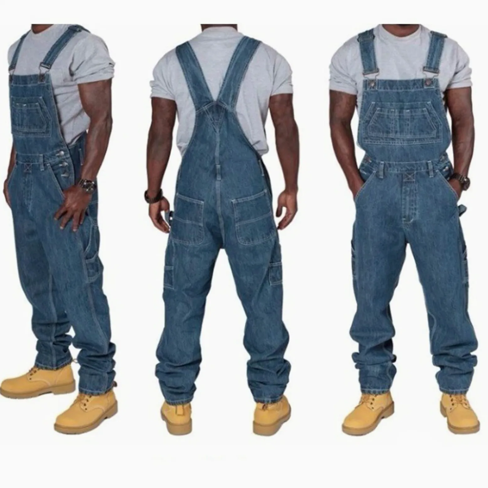 MANYMANY Salopette da Lavoro da Uomo in Denim con vestibilità Ampia, Salopette da Lavoro Regolabile, Salopette Baggy Chic con Tasche Multiple