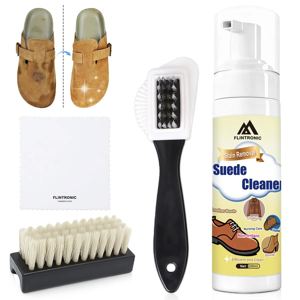 flintronic Set di 4 Kit Pulizia Scarpe, con 200ml Soluzione Detergente, Spazzola per Scarpe Scamosciate, Spazzola Morbida per e Panno
