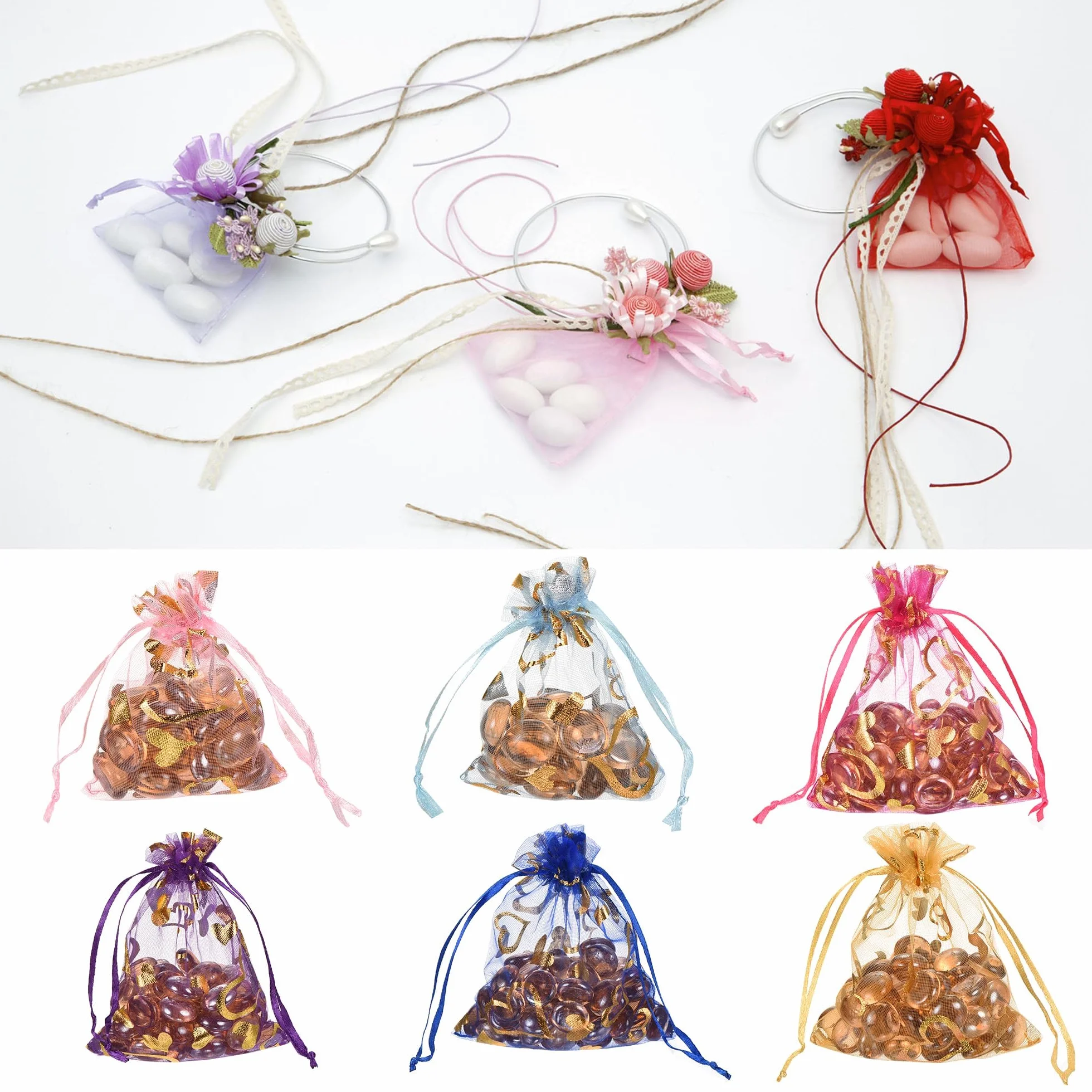 QUARKZMAN Sacchetti Organza, 10 x 15cm, Buste Regalo con Coulisse Cuore in Rete Trasparente, Sacchettini Bomboniere Ingrosso, Sacchetti per Gioielli,(Bianco-Oro, 50Pz)
