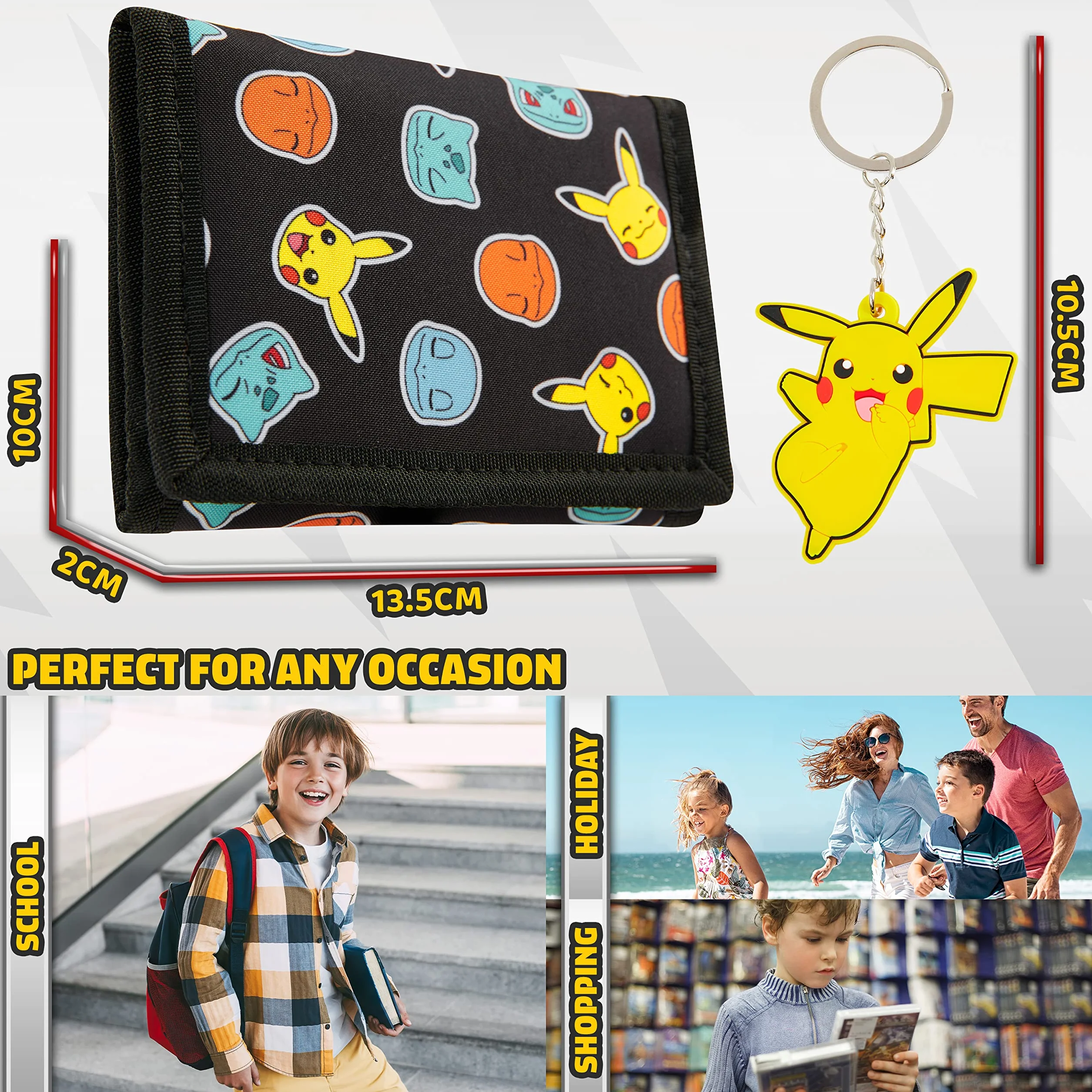 Pokémon Portafoglio Bambino Pikachu Portafogli Ragazzo Trifold con Porta Carta D'identità Portamonete Bambino e Anello Portachiavi Divertenti (Nero/Giallo)