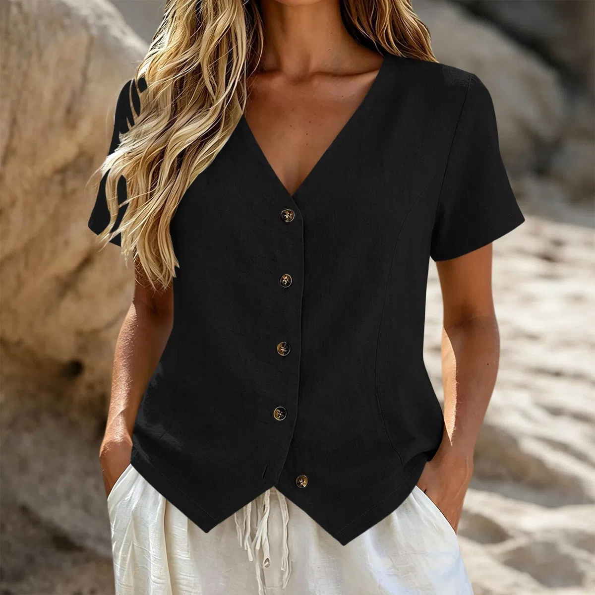 Generico Gilet da Donna Elegante in Lino Cotone - Blusa di per Vacanze al Mare da Donna, Scollatura a V, Maniche Corte, con Bottoni, Camicia Casual Estiva per Ufficio E Vacanza Occasioni Formali