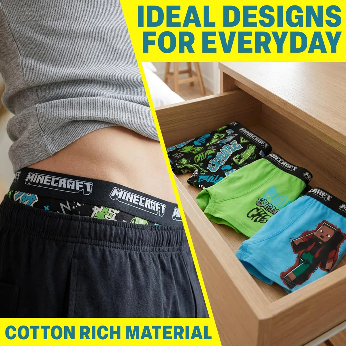 Get Trend - Minecraft 3 Pezzi Boxer Bambino e Ragazzo 7-14 Anni, Mutande Intimo, Elastico in Vita e Traspirante, Creeper Regalo Bambino