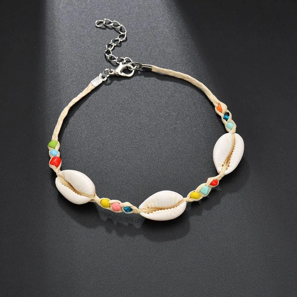 Bracciale con perline di colore misto stile nazionale boemo, cavigliera con conchiglia naturale, cavigliera da donna