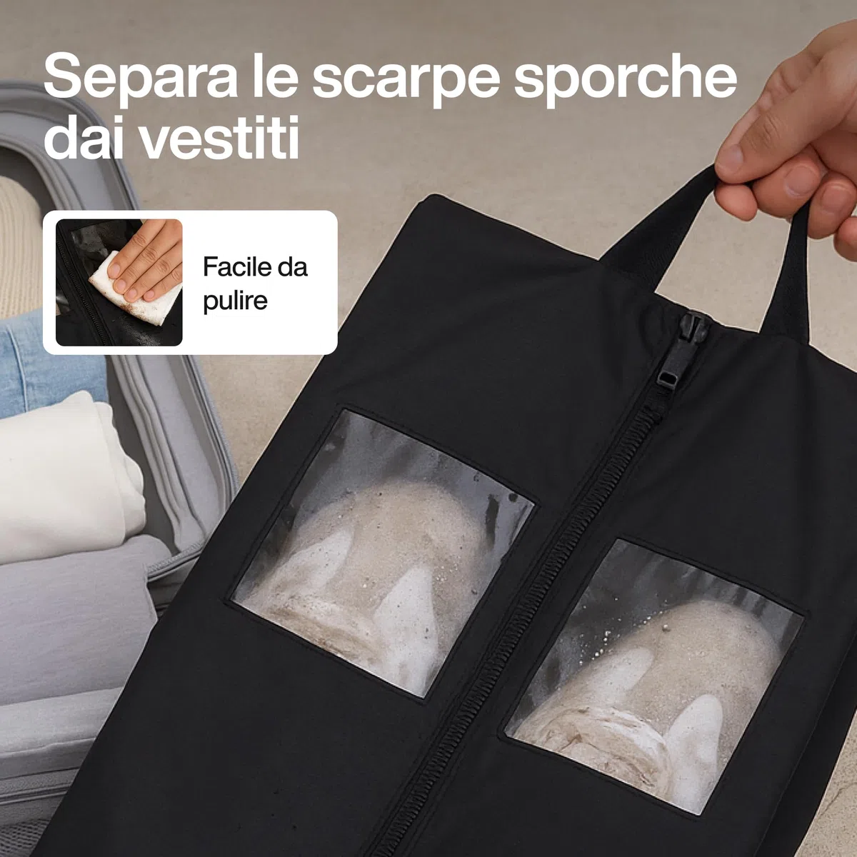 TRAVEL DUDE Set da 2 Porta Scarpe da Viaggio | Borse per Scarpe in Nylon | ideali per Viaggiare | resistente alla luce e all'acqua (Nero, Set borse da scarpe)