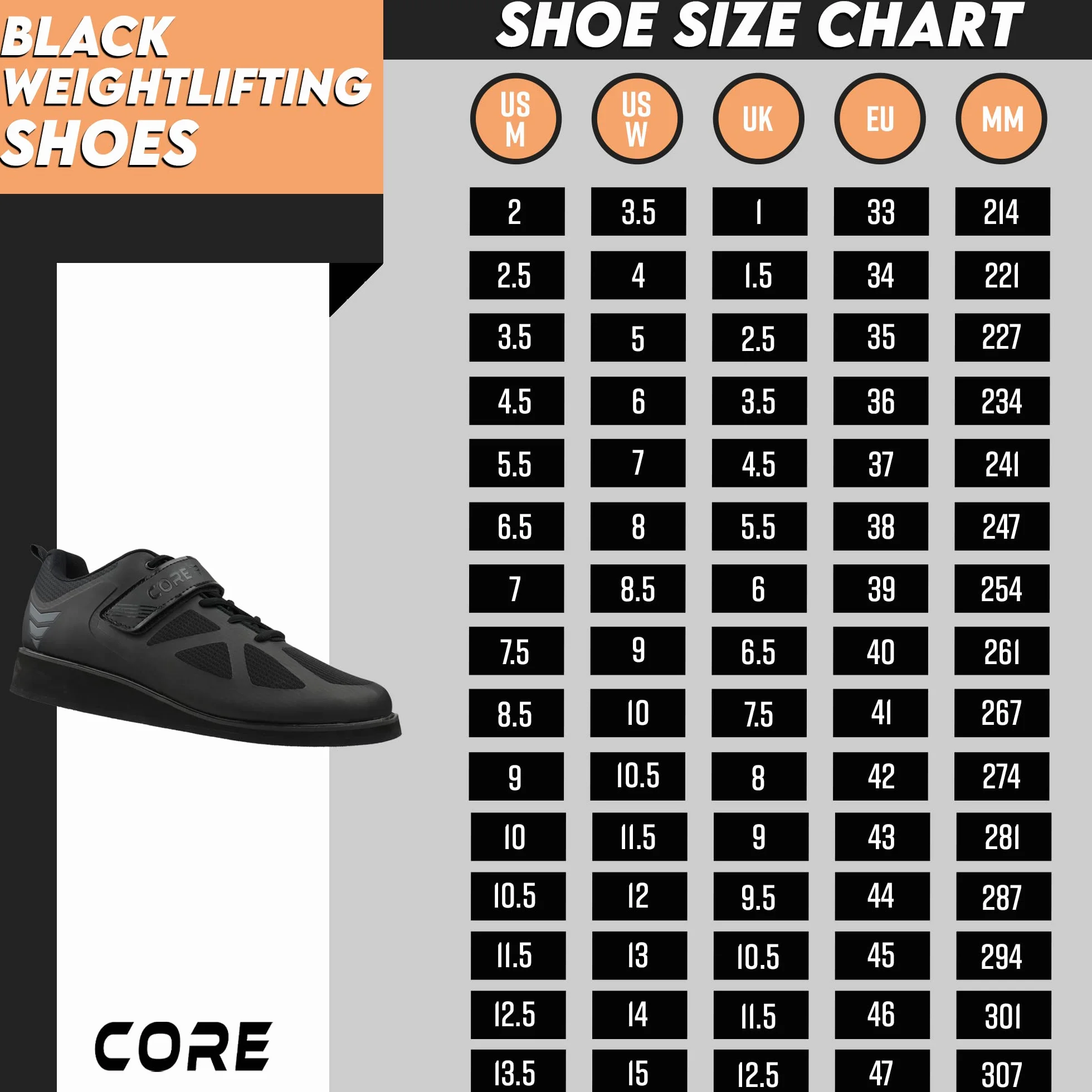 CORE Scarpe Sollevamento Pesi, Scarpe per Squat e Esercizi con Pesi Palestra, Calzature Olimpiche Powerlifting con Cinturino, Crossfit, Tacco 3,2cm