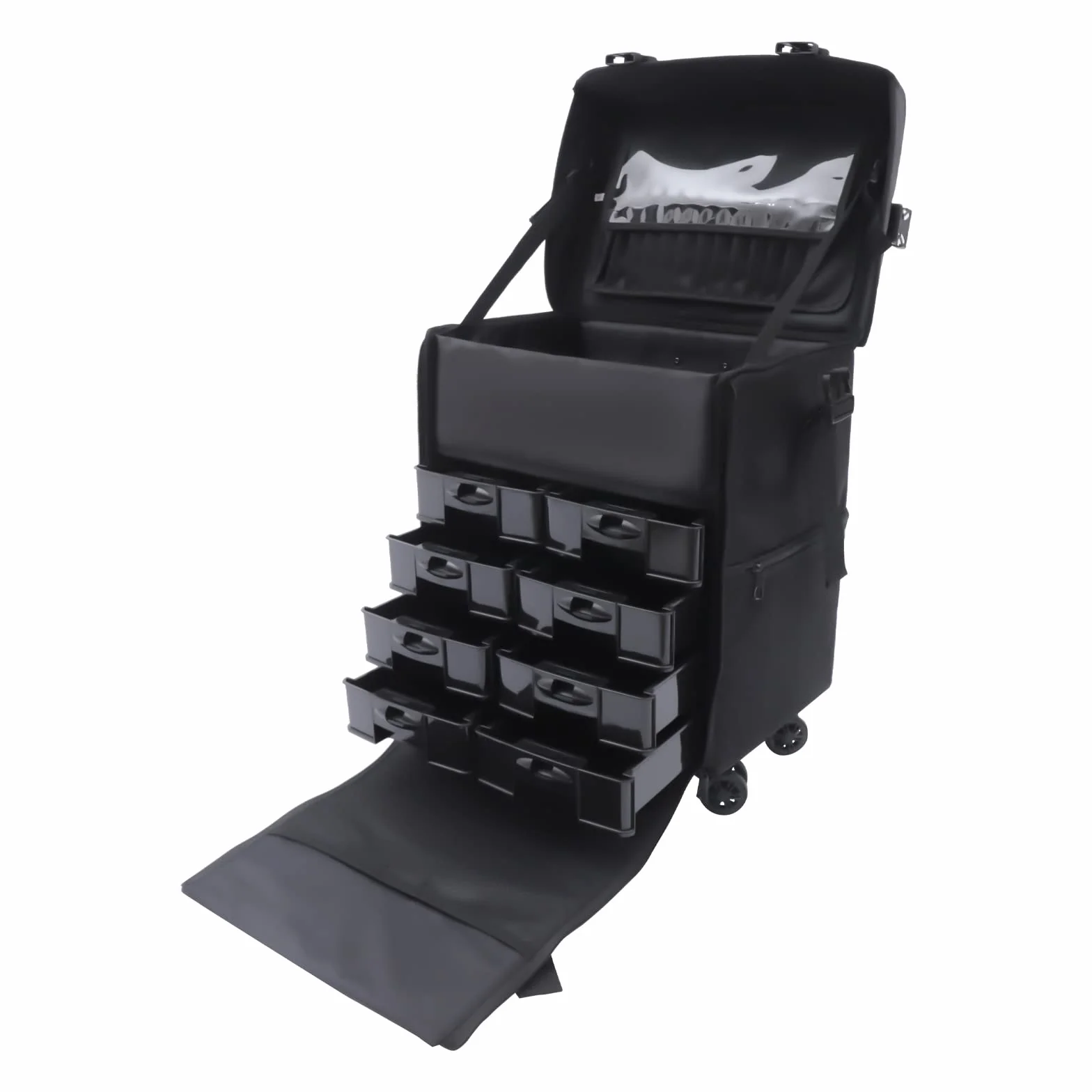 Valigetta cosmetica 2 in 1, per trucchi, colore nero, grande valigetta da parrucchiere con 8 cassetti, ruote professionali