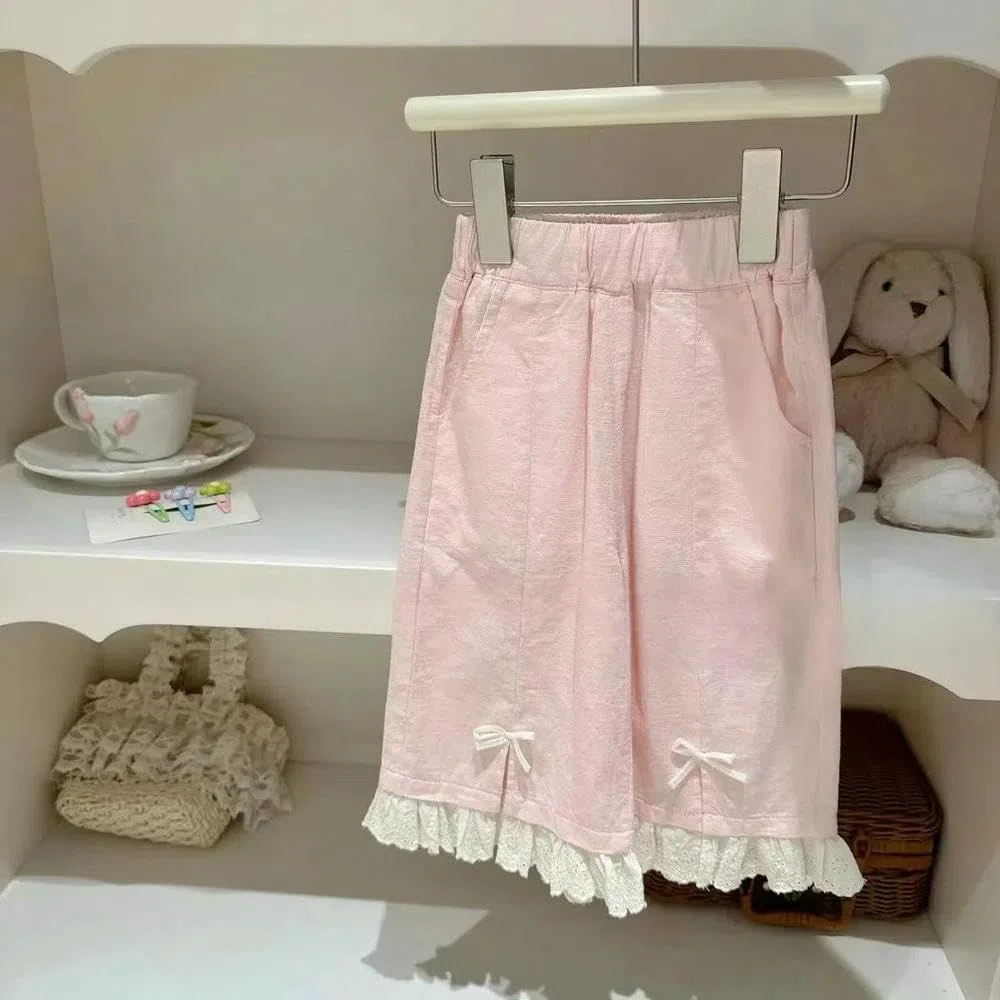 SLJYM Pantaloni dritti per bambini e ragazze, autunno con fiocco in pizzo, pantaloni lunghi larghi casual con elastico in vita per bambini