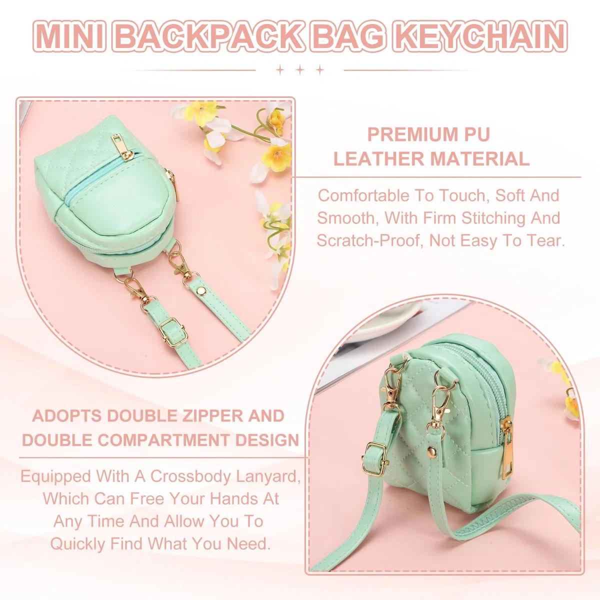 PATIKIL Mini Zaino Borsa Cosmetic Carina Per Donne, Pelle PU Borsa A Tracolla Creativa Con Cordino Per Trucco Chiavi Carta Cavo Dati Organizzatore Zip Portamonete, Verde Chiaro