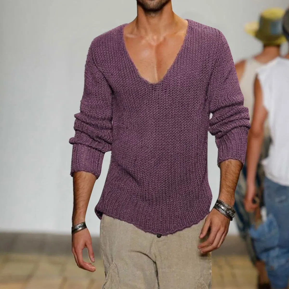 Maglia a maniche lunghe da uomo con scollo a V profondo, a maniche lunghe, a V, tinta unita, slim fit, tinta unita, a maniche lunghe