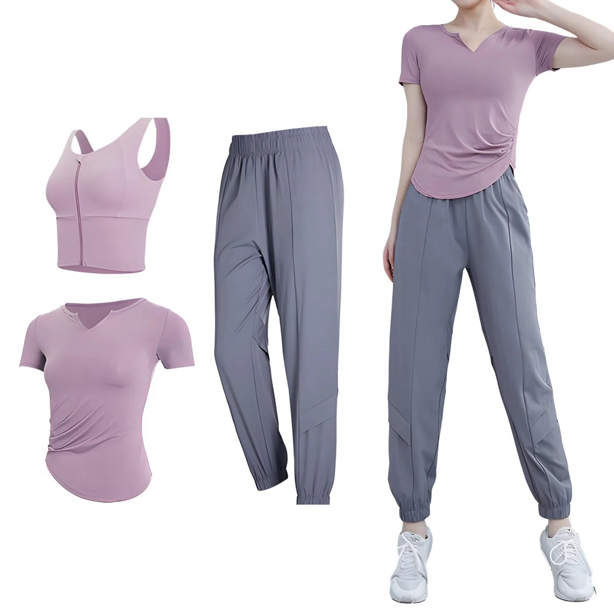 Set da allenamento da donna, composto da reggiseno sportivo, top a maniche corte e pantaloni lunghi, ideale per yoga e palestra, tessuto in poliestere spandex XXL, design traspirante e anti-pelucchi
