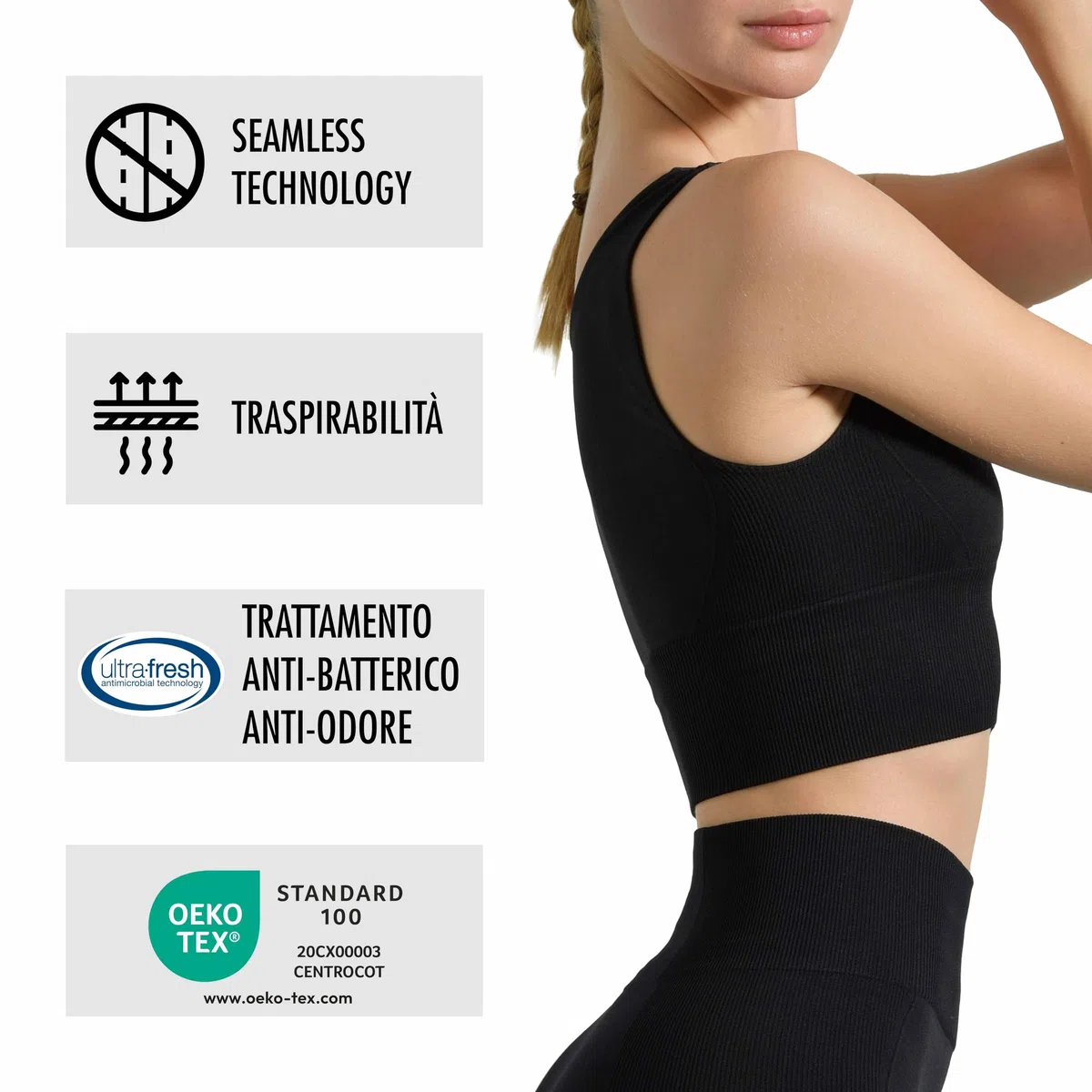 Risalti Top Palestra Donna con Fascia a Costine - Reggiseno Sportivo Donna in Microfibra, Top Yoga e Fitness Morbido e Traspirante, Reggiseno Senza Cuciture e Ferretto - Made in Italy