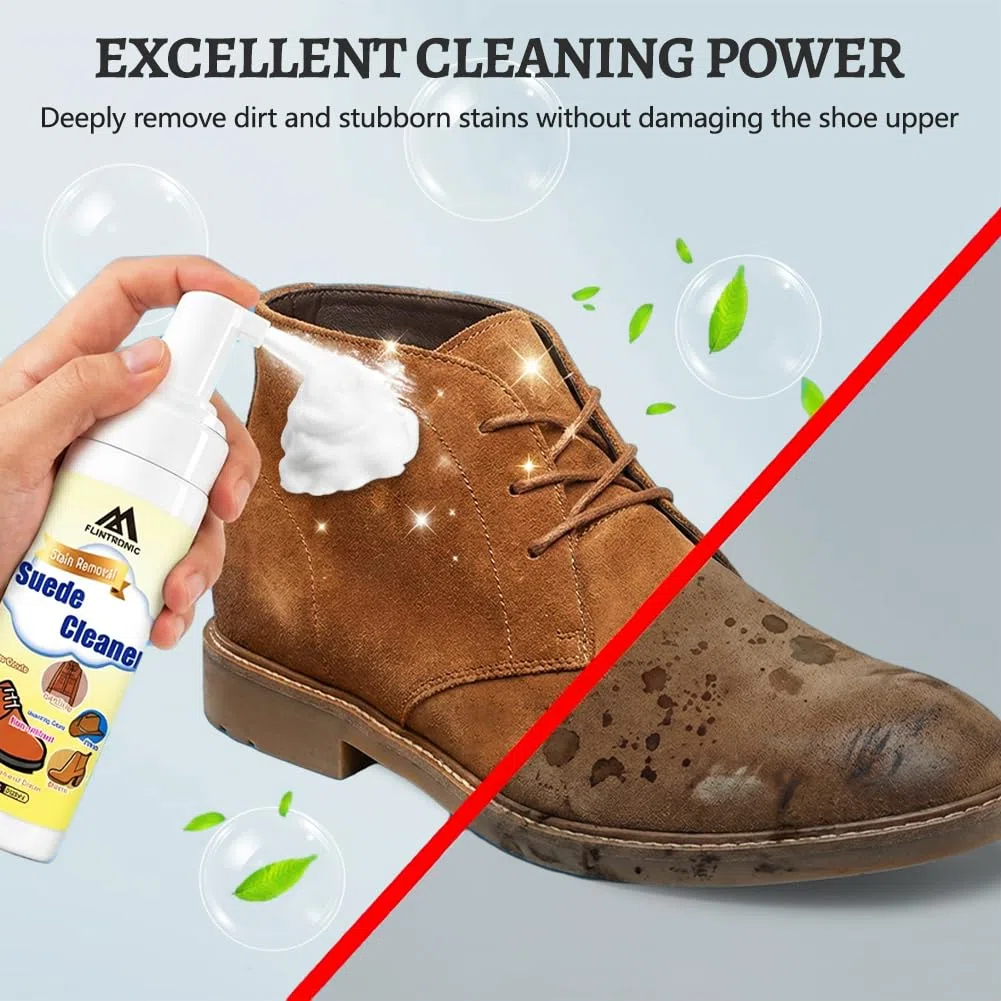 flintronic Set di 4 Kit Pulizia Scarpe, con 200ml Soluzione Detergente, Spazzola per Scarpe Scamosciate, Spazzola Morbida per e Panno