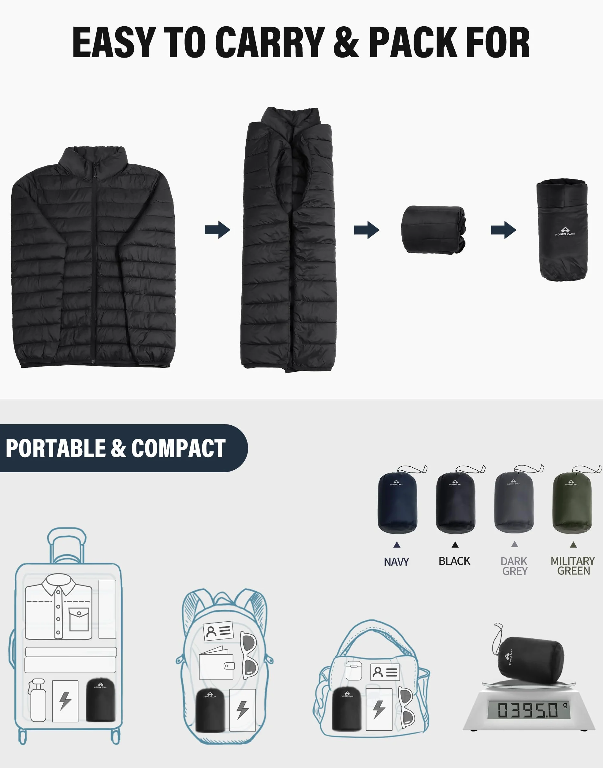 Pioneer Camp Giacca trapuntata, da uomo, leggera, calda, in stile piumino, impermeabile, antivento, con 4 tasche, pieghevole, per il tempo libero, escursioni e viaggi