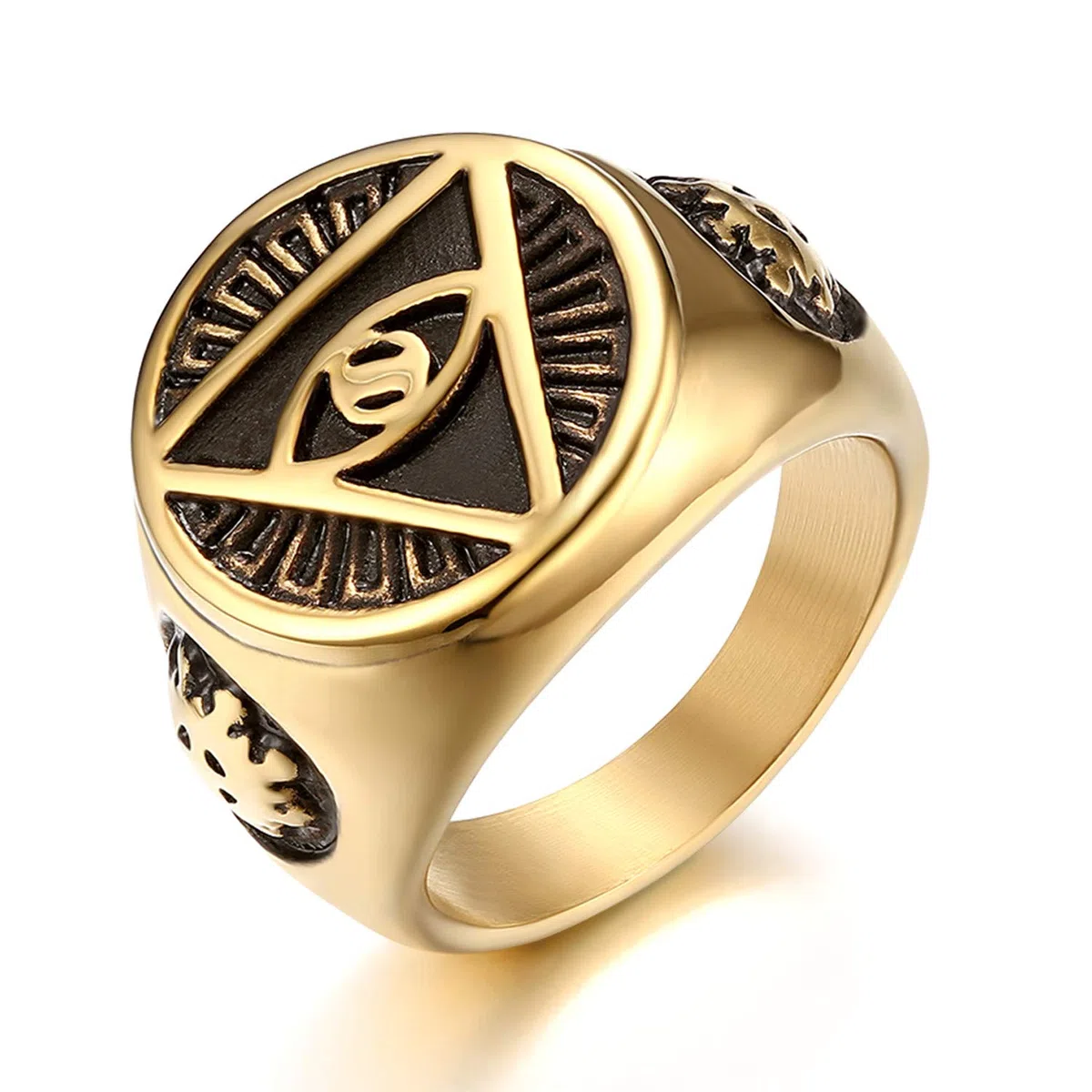 JewelryWe Anello da Uomo Religione Simbolo Triangolare di Piramide con occhio in Acciaio Inossidabile Regalo Colore Argento Oro