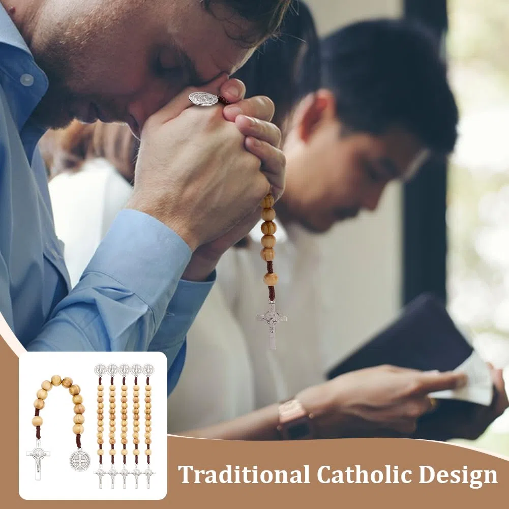 FINGERINSPIRE 6 Pz Rosario in Legno con Medaglia di San Benedetto e Crocifisso, Rosario Tascabile da 19cm Coroncina in Legno Massello con Medaglia di Santi e Croce per Preghiera, Meditazione e Fede