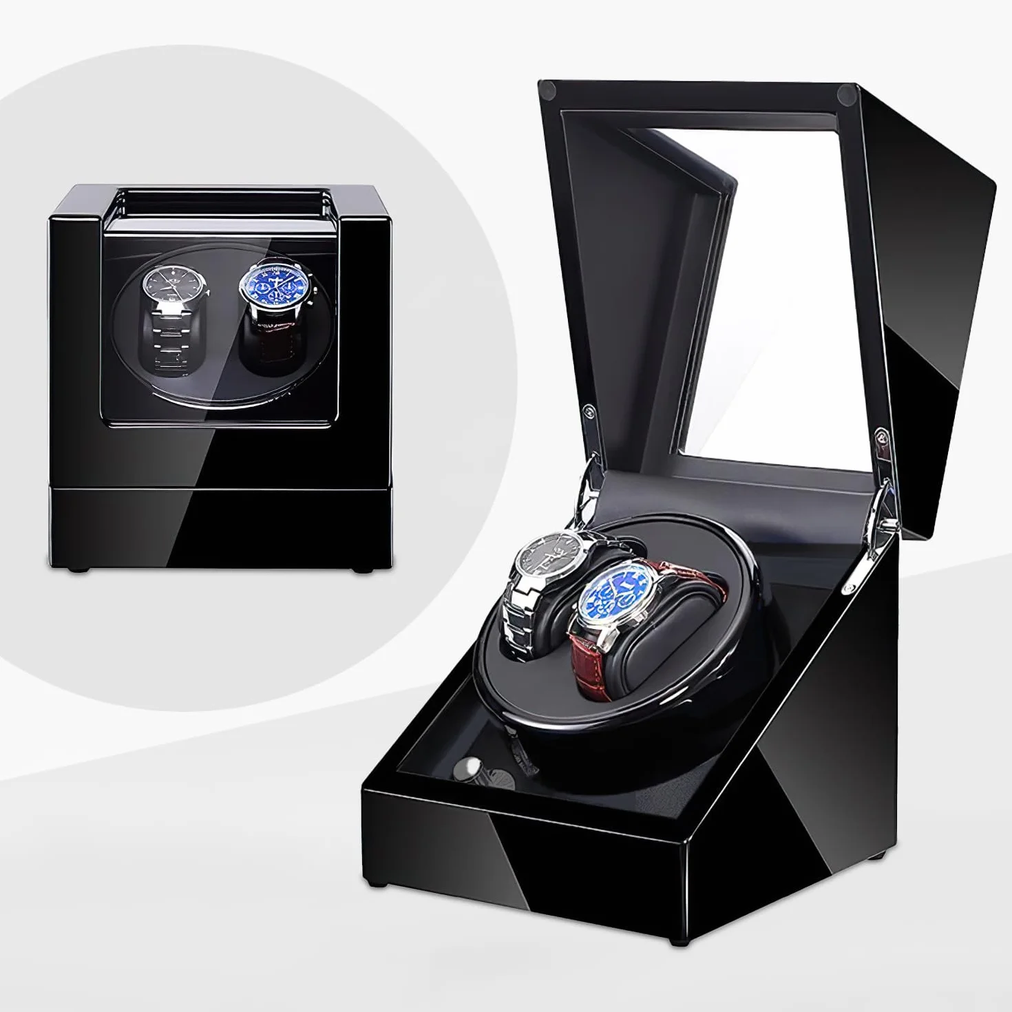 Olvy Caricatore per 2 Orologi Automatici, Watch Winder con Motore Silenzioso e Cuscini Regolabili, Scatola Carica Orologi Laccato Nero con LED, Rotazione Programmabile