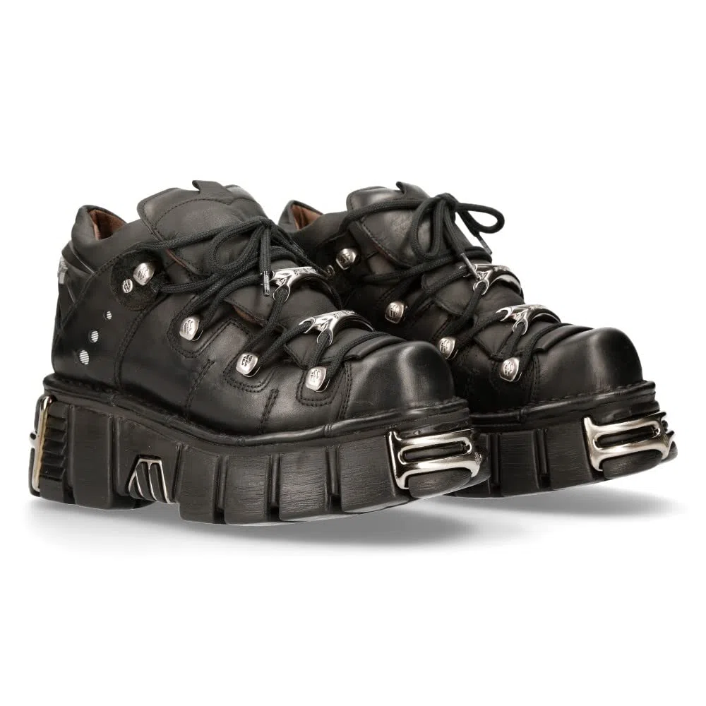 New Rock Botín Piel Negro Mujer Zapato Plataforma ICONIC 106 Black Woman Ankle Leather Shoes Boots M.106N-S16