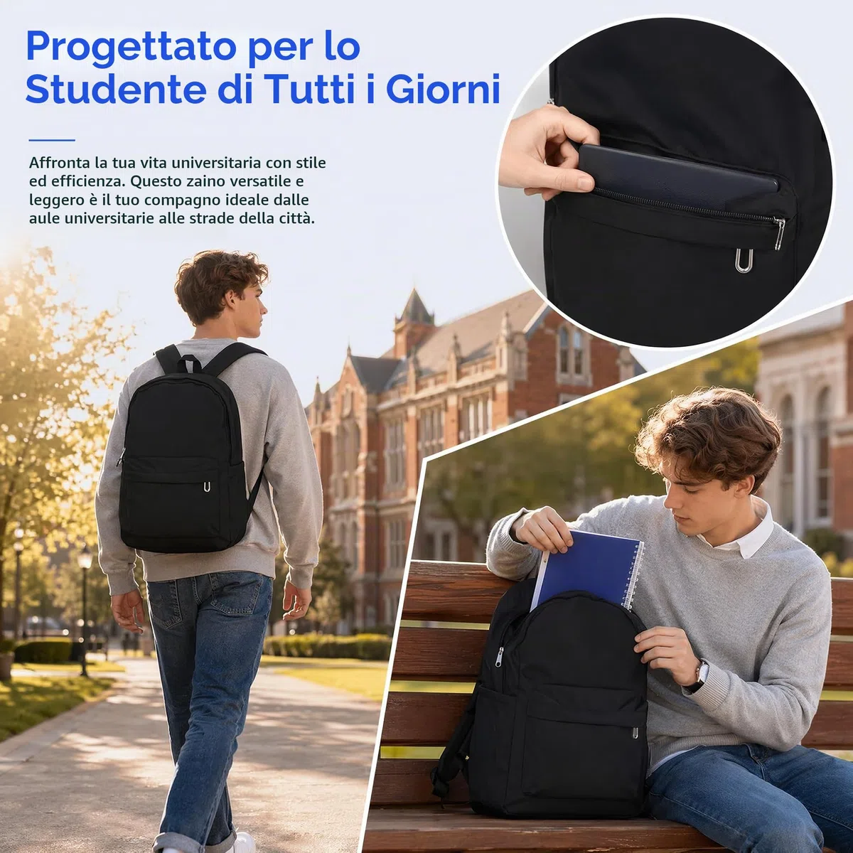 TSLBW Zaino per la Scuola superiore Ragazzi, leggero, casual, per lo studente universitario borsa sportiva di viaggio all'aperto A4 rivista IPad (Nero)