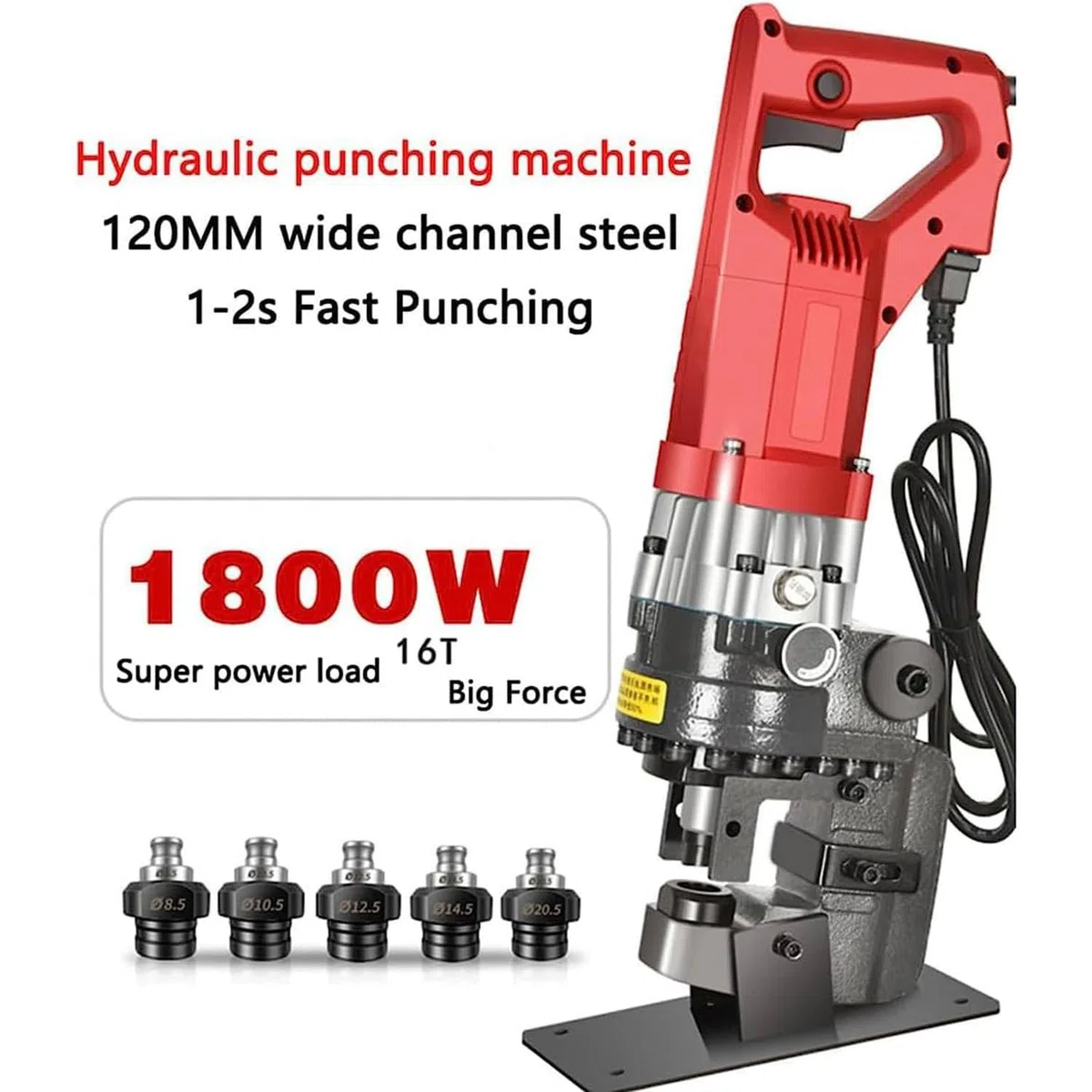 Punzonatrice idraulica per metalli, punzonatrice ad alta velocità, 5 set di punzoni/matrici con diametro da 8,5 mm a 20,5 mm, punzonatrice idraulica da 16 tonnellate e 1800 W. ( Anglesteel)