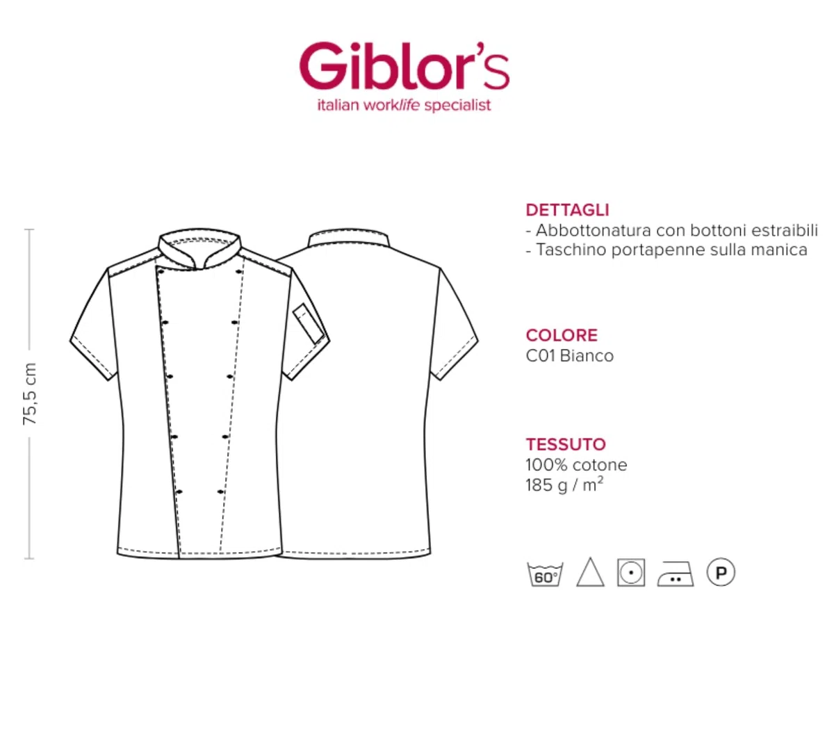 Siry Work Giacca Tommaso Uomo per Chef, Cuoco, in Cotone Elasticizzato, doppio petto, manica corta con taschino portapenne sulla manica