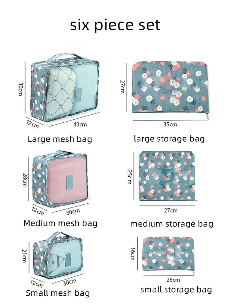 Cubi da imballaggio 6 Set di organizzatori per Bagagli da Viaggio con Sacchetti di Compressione per Borse per Scarpe Impermeabili.,Fiori Blu Scuro