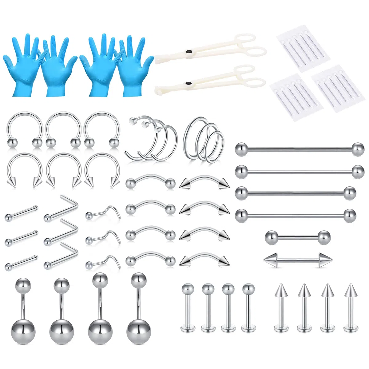 LAURITAMI kit piercing completo, varie misure 14G 16G 20G Acciaio inossidabile Piercing naso setto nasale Sopracciglia Labbra Lingua Cartilagine ombelico Set di gioielli